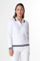 Goondiwindi Cotton | Marine Cotton Cable Knit Polo | White/Navy