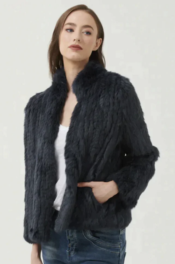 365 Days | High Neck Rabbit Fur Jacket | Black