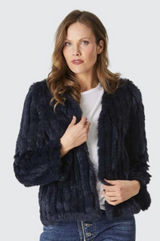 365 Days | High Neck Rabbit Fur Jacket | Midnight Navy