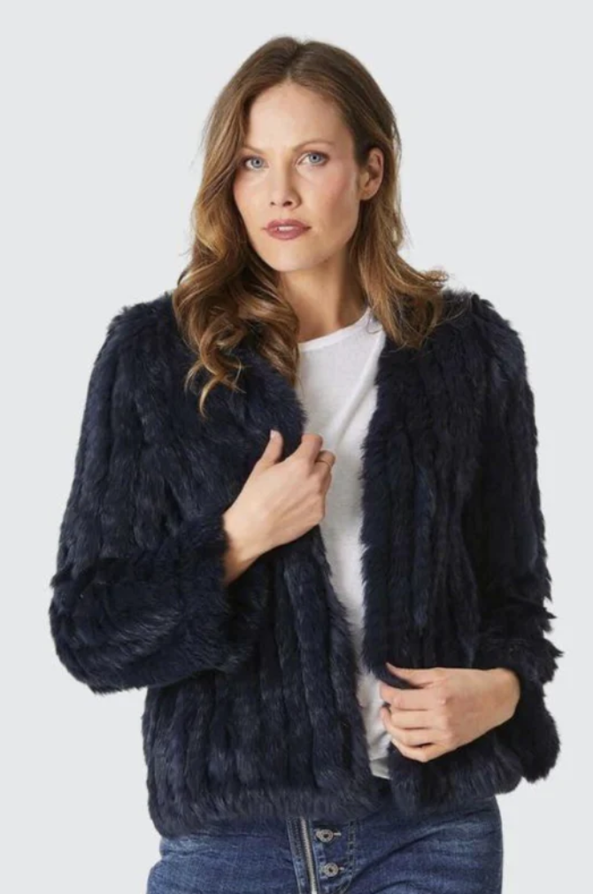 365 Days | High Neck Rabbit Fur Jacket | Midnight Navy