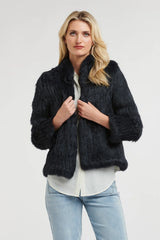 365 Days | High Neck Rabbit Fur Jacket | Midnight Navy