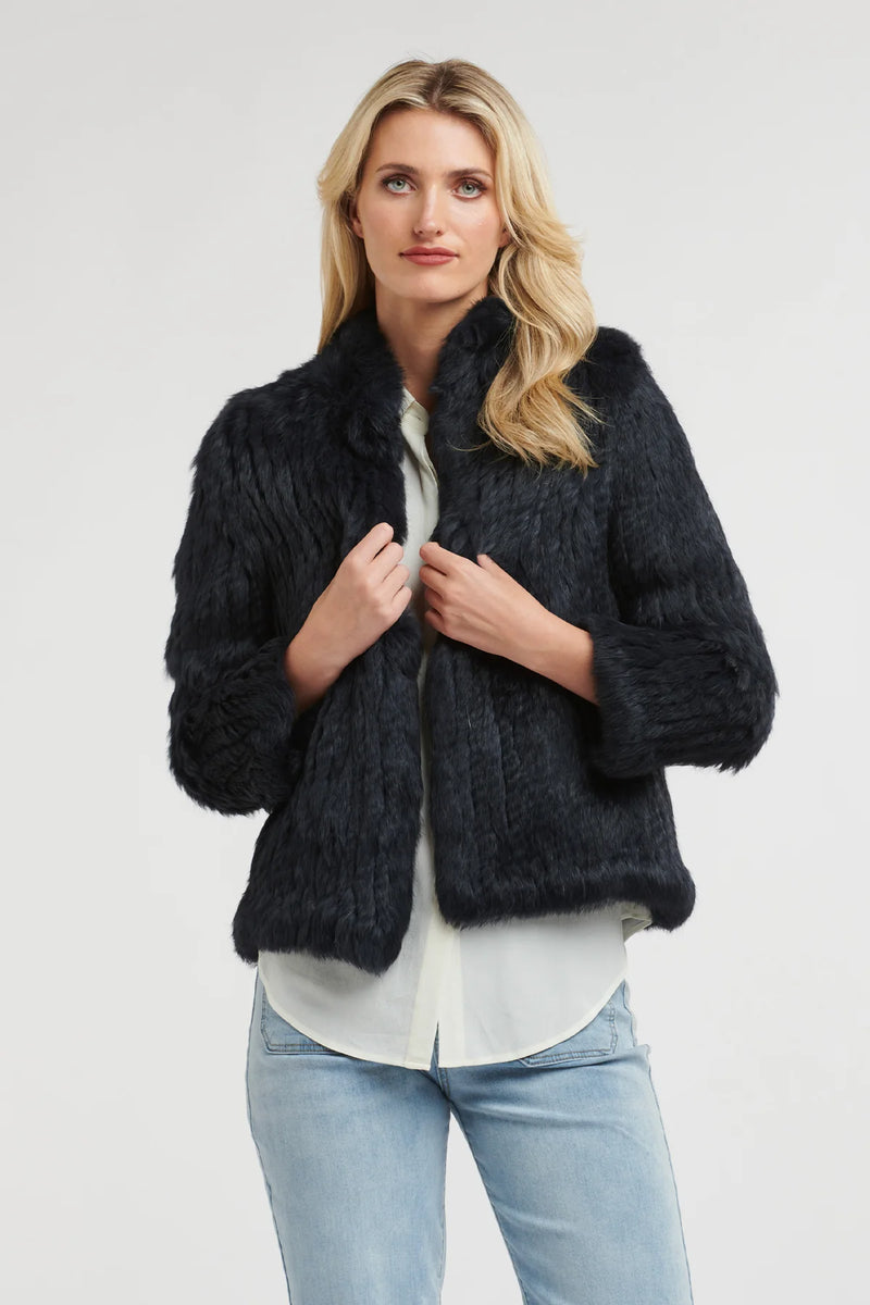 365 Days | High Neck Rabbit Fur Jacket | Midnight Navy
