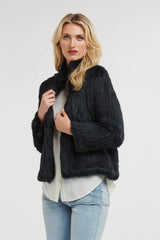 365 Days | High Neck Rabbit Fur Jacket | Midnight Navy