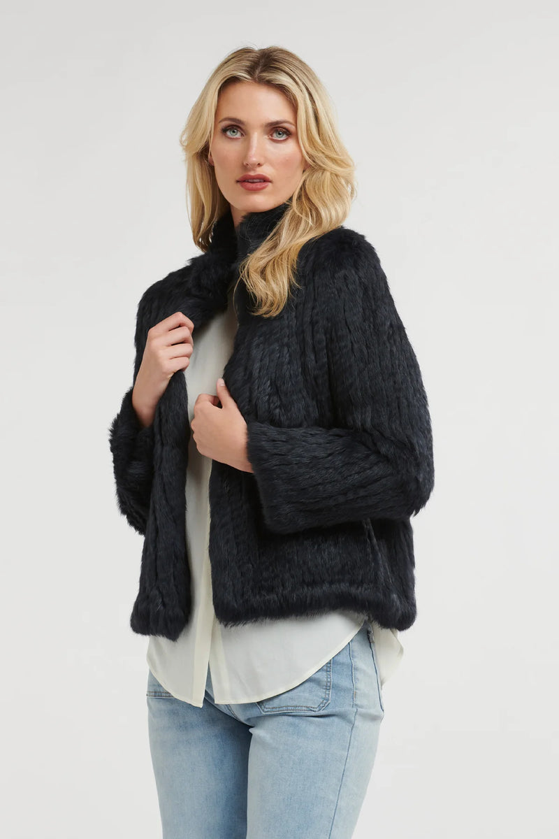 365 Days | High Neck Rabbit Fur Jacket | Midnight Navy