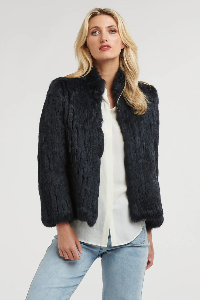 365 Days | High Neck Rabbit Fur Jacket | Midnight Navy