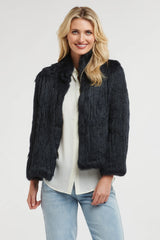 365 Days | High Neck Rabbit Fur Jacket | Midnight Navy