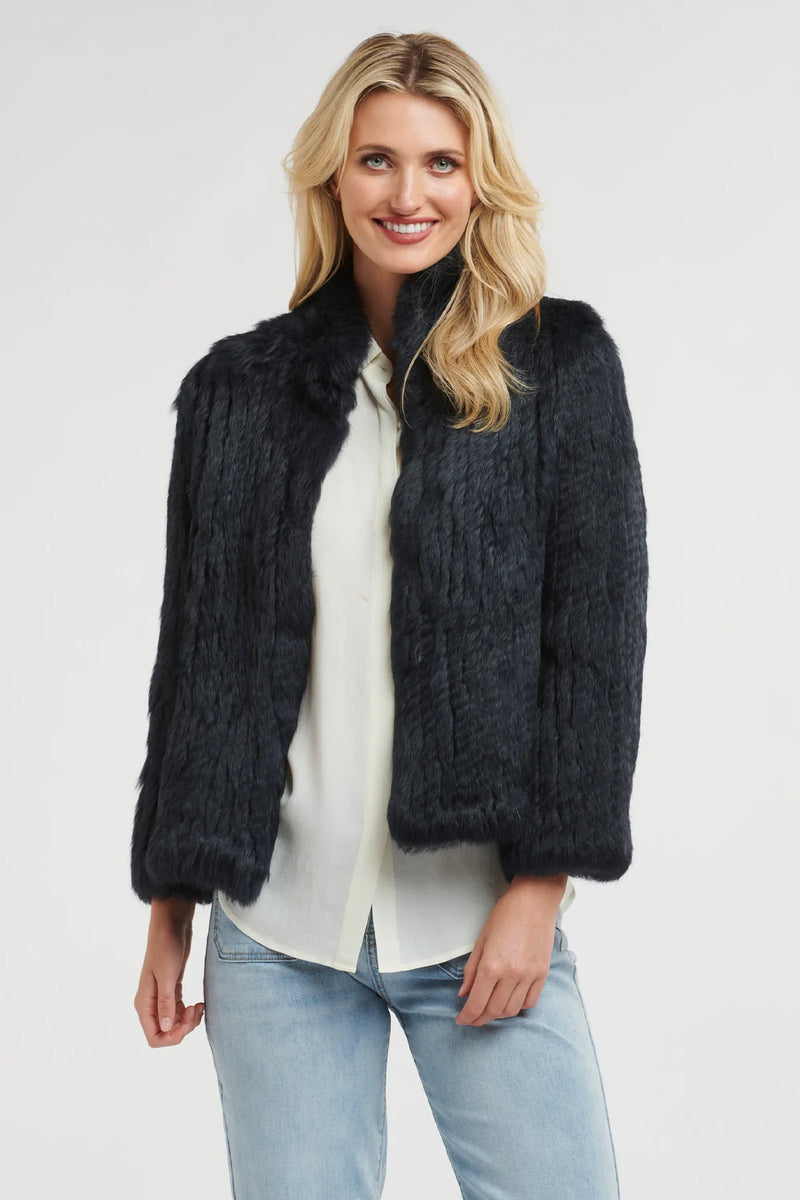 365 Days | High Neck Rabbit Fur Jacket | Midnight Navy