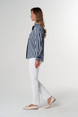Goondiwindi Cotton | Sky Frill Neck Cotton Shirt | Dark Navy/White