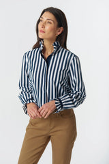 Goondiwindi Cotton | Sky Frill Neck Cotton Shirt | Dark Navy/White