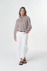 Goondiwindi Cotton | Sky Frill Neck Cotton Shirt | Chocolate Stripe