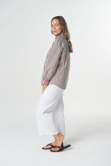 Goondiwindi Cotton | Sky Frill Neck Cotton Shirt | Chocolate Stripe