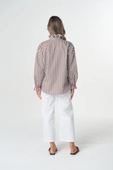 Goondiwindi Cotton | Sky Frill Neck Cotton Shirt | Chocolate Stripe