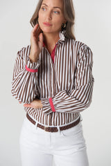 Goondiwindi Cotton | Sky Frill Neck Cotton Shirt | Chocolate Stripe