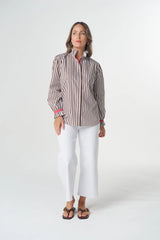 Goondiwindi Cotton | Sky Frill Neck Cotton Shirt | Chocolate Stripe