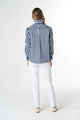 Goondiwindi Cotton | Sky Frill Neck Cotton Shirt | Dark Navy/White