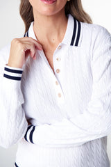 Goondiwindi Cotton | Marine Cotton Cable Knit Polo | White/Navy