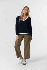 Goondiwindi Cotton | Harvest V Neck Cotton Jumper | Dark Navy/White/Fox