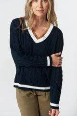 Goondiwindi Cotton | Harvest V Neck Cotton Jumper | Dark Navy/White/Fox