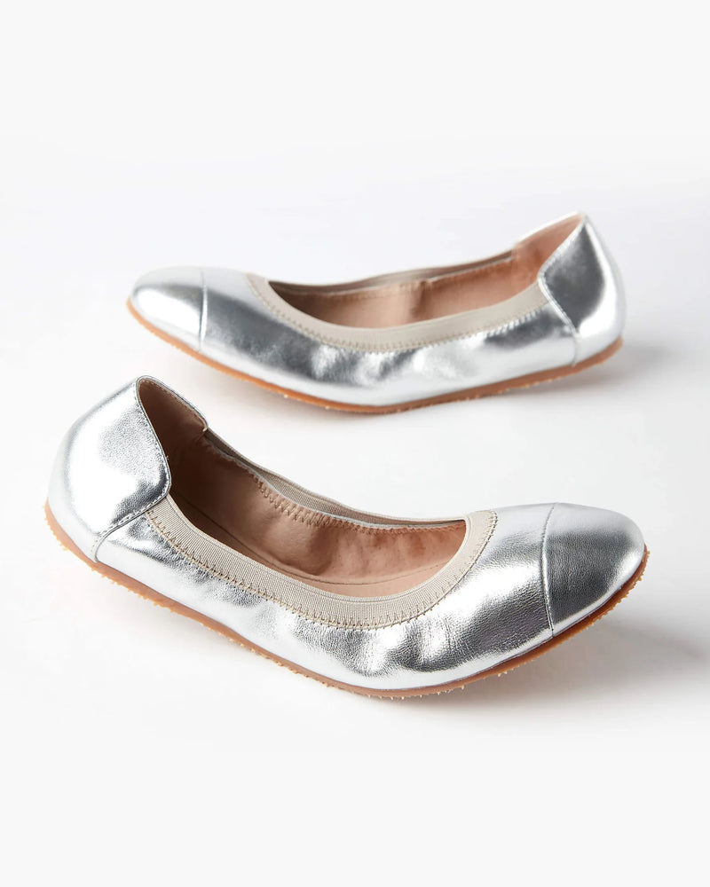 Walnut | Ava Leather Ballet Flat | Silver
