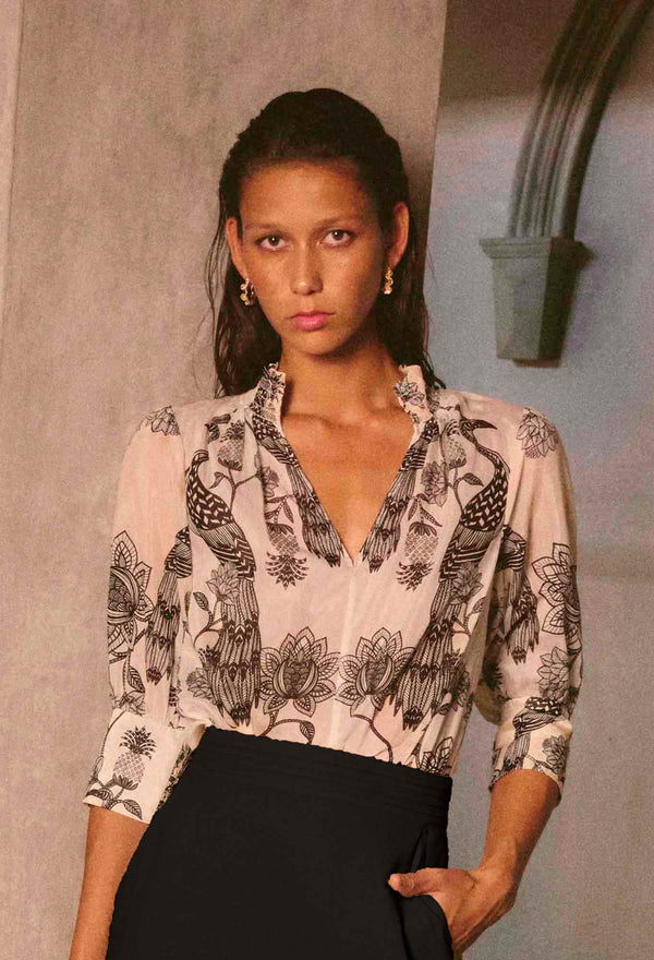 OnceWas  | Oleander Cotton Silk Shirred Blouse in Imperial Stone