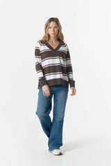 Cloth + Paper + Scissors | Rugby Club V Neck Sweater | Chocolate Torte/Pink