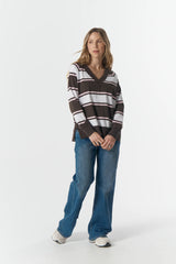 Cloth + Paper + Scissors | Rugby Club V Neck Sweater | Chocolate Torte/Pink