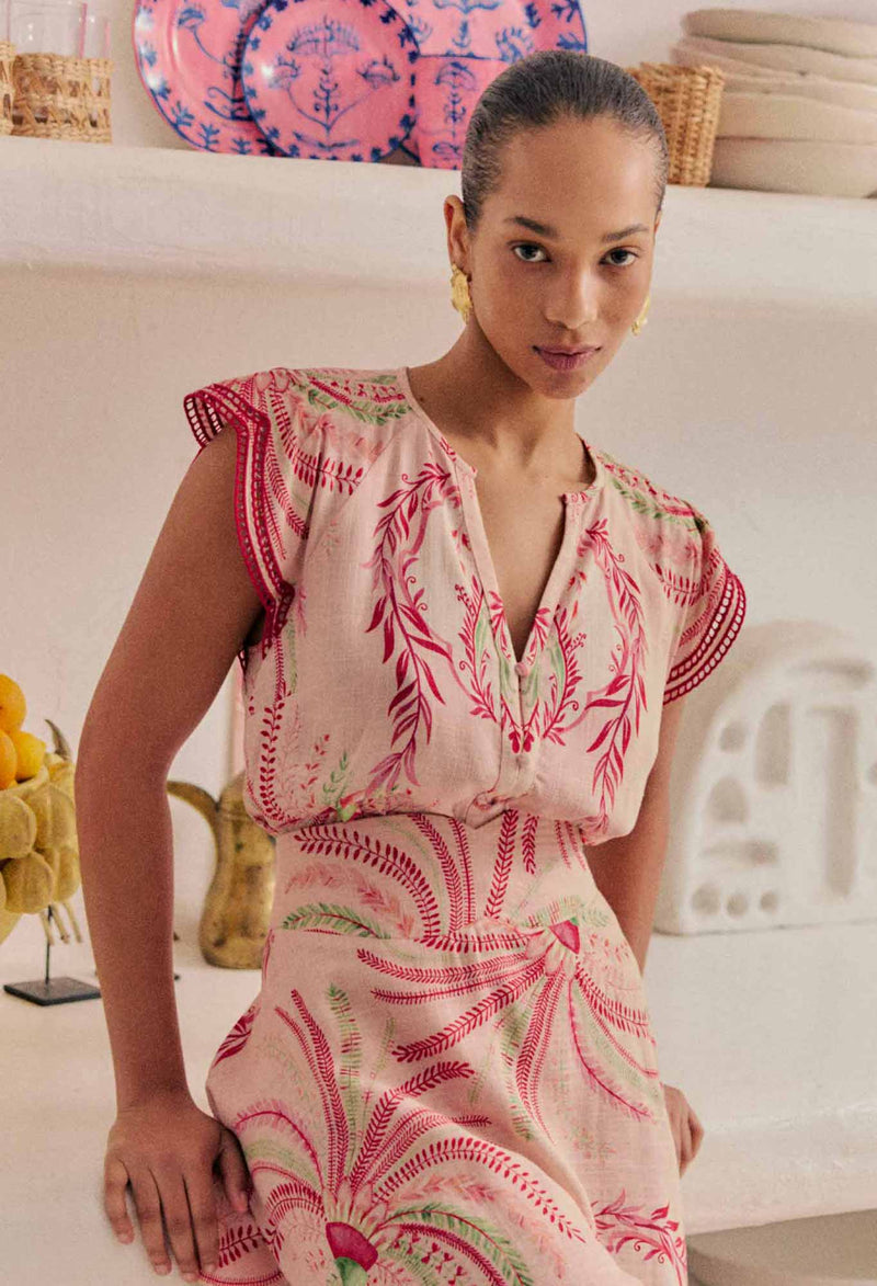 OnceWas | Aseel Linen Viscose Embroidered Top  | Palmarosa