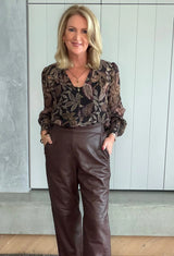 OnceWas | Freya Sheer Viscose Blouse with Embellished Neck | Dark Tropique