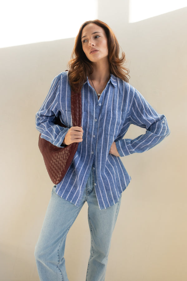 HUT / Marine Stripe Boyfriend Linen Shirt