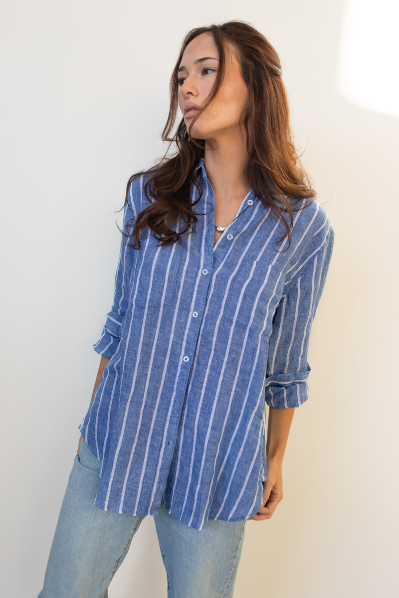 HUT / Marine Stripe Boyfriend Linen Shirt
