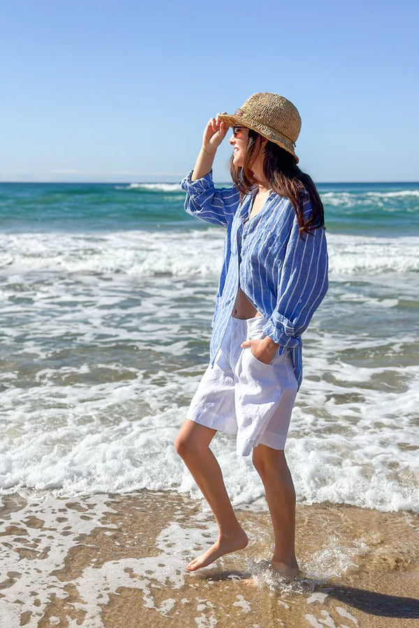 HUT / Marine Stripe Boyfriend Linen Shirt
