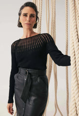 OnceWas  | Rhiannon Viscose Nylon Sheer Knit Top | Black