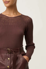 OnceWas  | Rhiannon Viscose Nylon Sheer Knit Top | Mocha