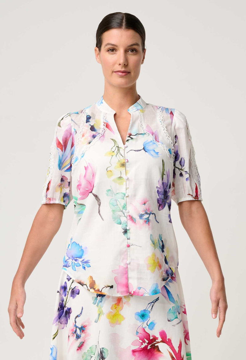 OnceWas  | Thalia Lace Cotton Slub Shirt in Plume Blossom
