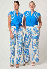OnceWas  | Thalassa Embroidered Silk Cotton Flutter Sleeve Top in Blue Topaz