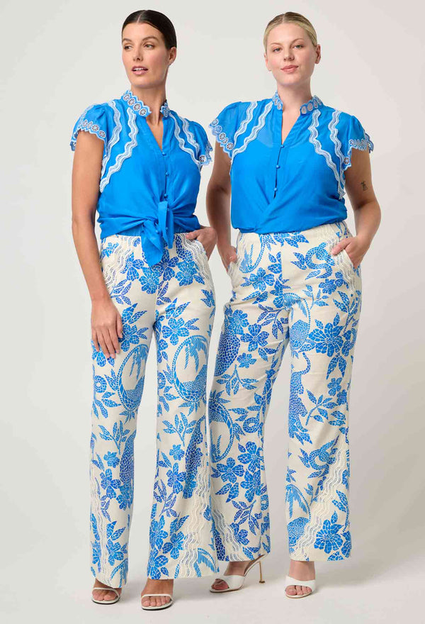 OnceWas  | Thalassa Embroidered Silk Cotton Flutter Sleeve Top in Blue Topaz
