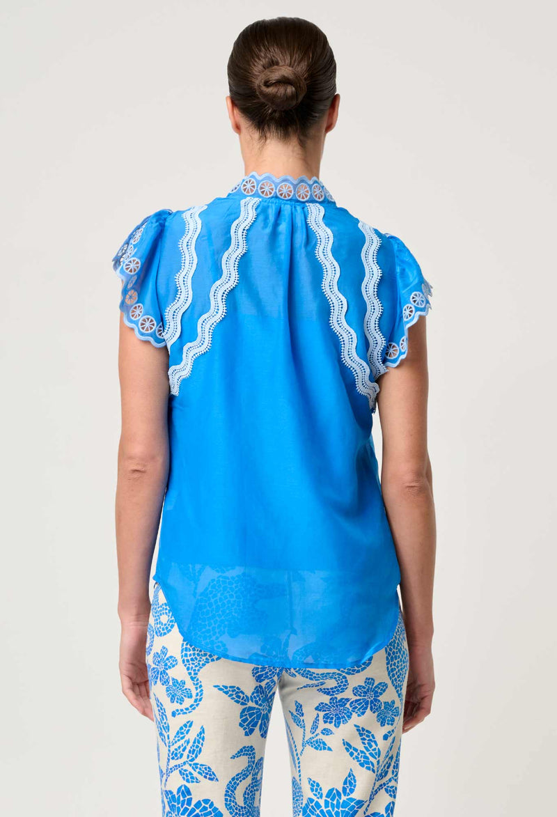OnceWas  | Thalassa Embroidered Silk Cotton Flutter Sleeve Top in Blue Topaz