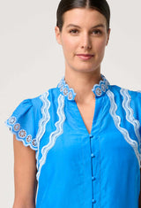 OnceWas  | Thalassa Embroidered Silk Cotton Flutter Sleeve Top in Blue Topaz