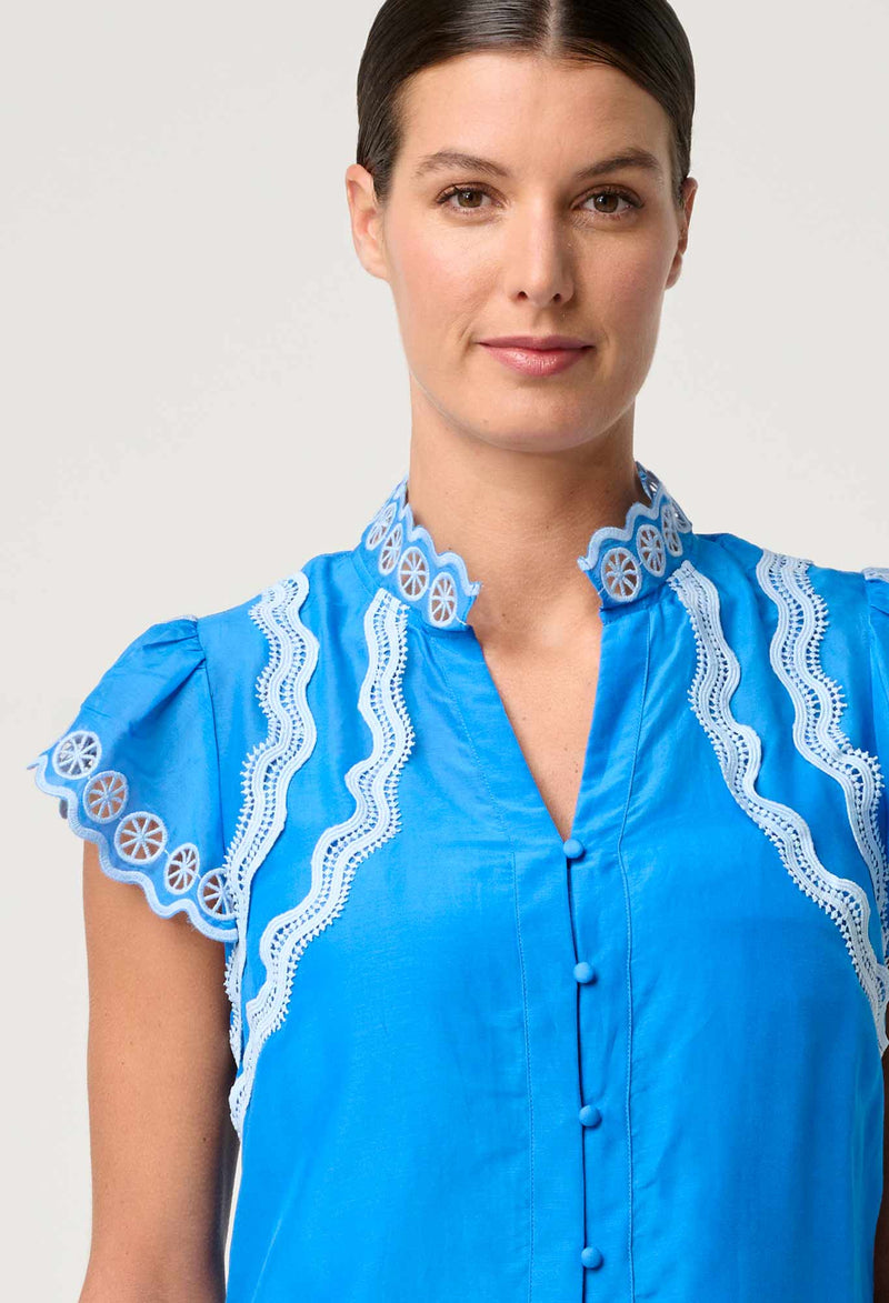 OnceWas  | Thalassa Embroidered Silk Cotton Flutter Sleeve Top in Blue Topaz