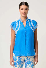OnceWas  | Thalassa Embroidered Silk Cotton Flutter Sleeve Top in Blue Topaz