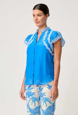 OnceWas  | Thalassa Embroidered Silk Cotton Flutter Sleeve Top in Blue Topaz