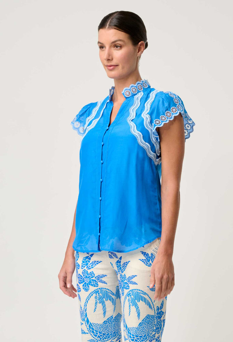 OnceWas  | Thalassa Embroidered Silk Cotton Flutter Sleeve Top in Blue Topaz