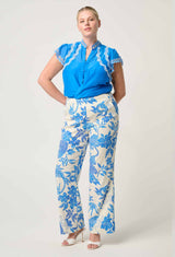 OnceWas  | Thalassa Embroidered Silk Cotton Flutter Sleeve Top in Blue Topaz