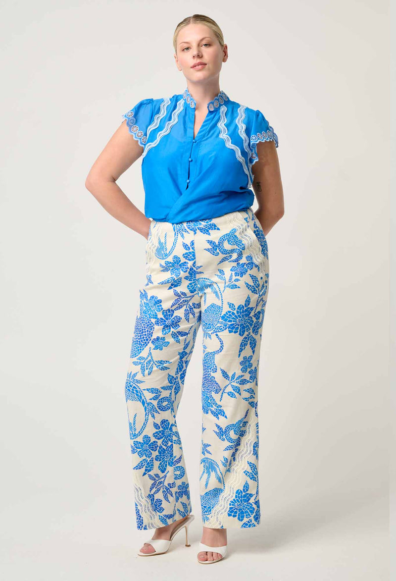 OnceWas  | Thalassa Embroidered Silk Cotton Flutter Sleeve Top in Blue Topaz