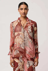 OnceWas | Freya Sheer Viscose Blouse with Embellished Neck Detail | Cathedral Botanic
