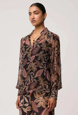 OnceWas | Freya Sheer Viscose Blouse with Embellished Neck | Dark Tropique