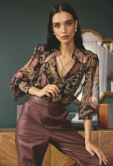 OnceWas | Freya Sheer Viscose Blouse with Embellished Neck | Dark Tropique