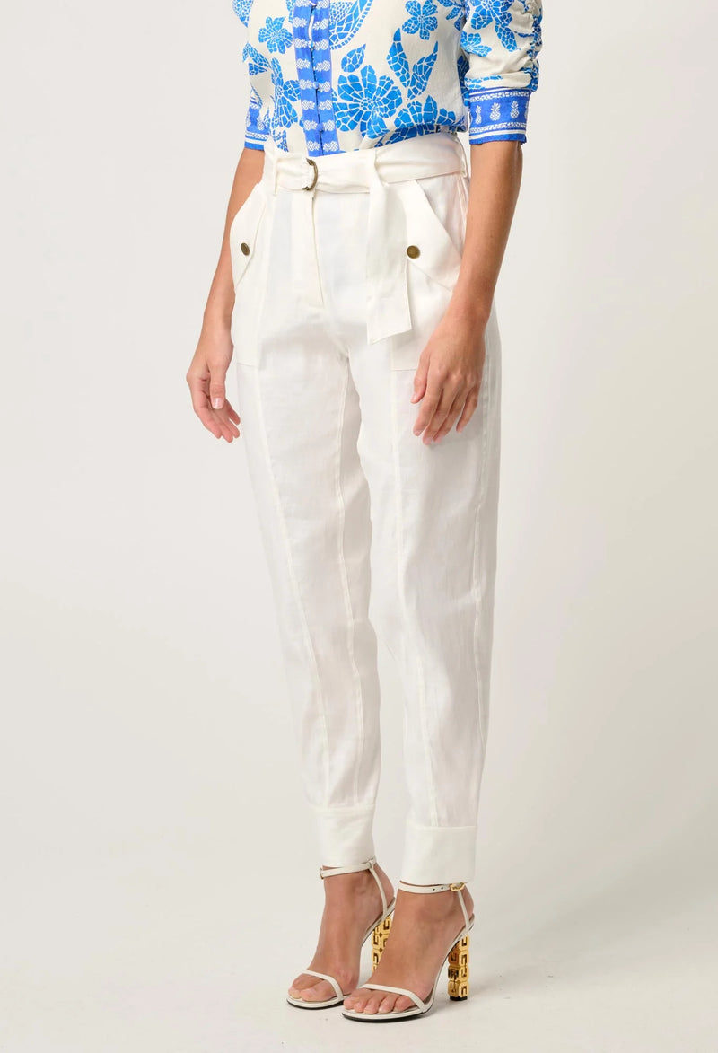 OnceWas | Trinidad Linen Viscose Button Cuff Pant in Ivory