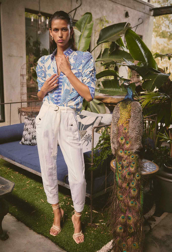 OnceWas | Trinidad Linen Viscose Button Cuff Pant in Ivory