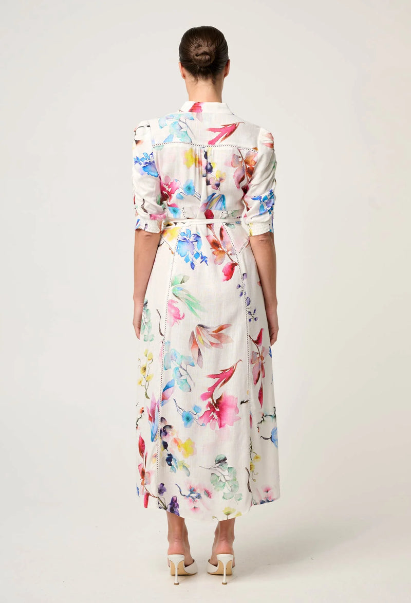 OnceWas | Xenia Yoke Linen Viscose Dress in Plume Blossom